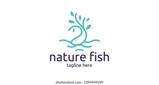 diseño de logotipo que combina formas de pescado con plantas naturales, líneas minimalistas.