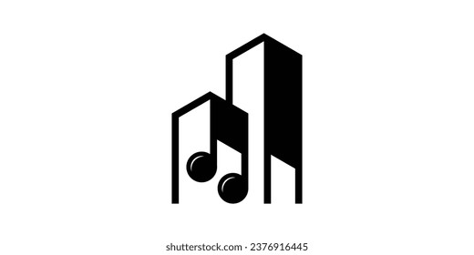 diseño de logotipo que combina la forma de un edificio con notas musicales.