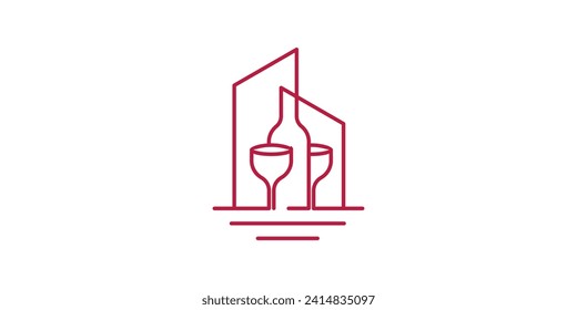 logo design combining the shape of a building with a wine bottle, minimalist logo design.