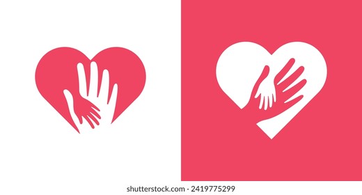 logo design combining the shape of a hand with love, logo design for the love of mother and child.