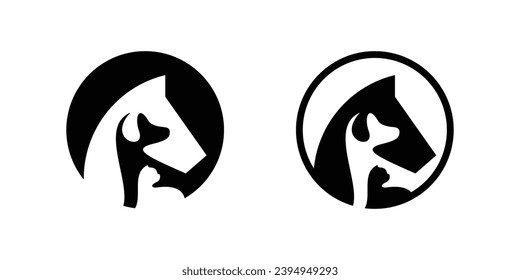 logo design combining the shape of a horse's head with a dog and cat, negative space logo.