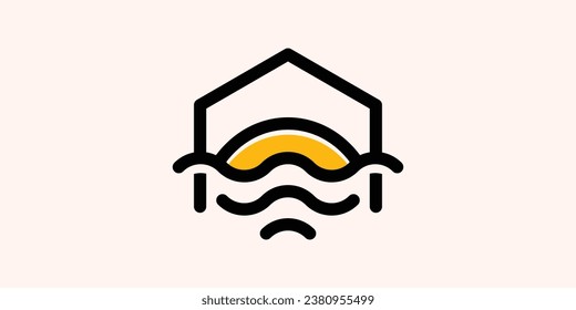 diseño de logotipo que combina la forma de una casa con vistas a la puesta de sol sobre las olas.