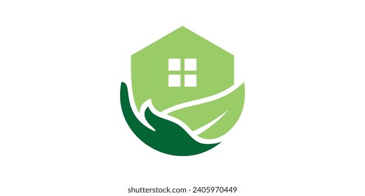 logo design combining the shape of a house with hands and leaves.