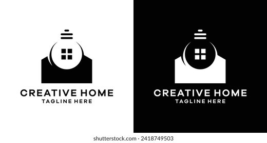 diseño de logotipo que combina la forma de una casa con una bombilla de luz, diseño de logotipo de espacio negativo.