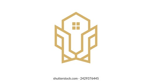 logo design combining the shape of a lion's head with a house, residence, real estate, minimalist logo design.