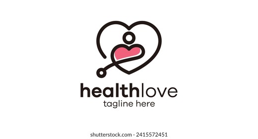 logo design combining the shape of love with people, health logo design, minimalist line logo