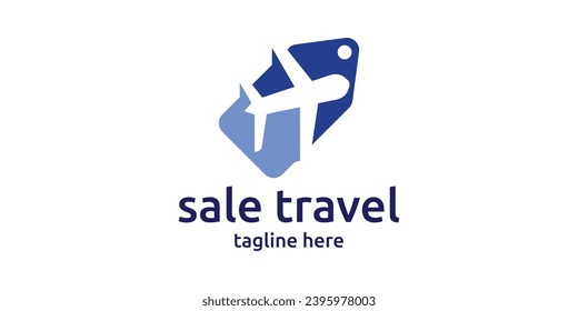 logo design combining the shape of a price tag with airplanes, travel, holiday and tour logos.