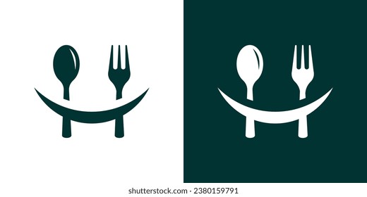 logo design combining a smile with a spoon and fork for food design.