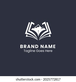 Concepto de diseño de logotipos basado en libros, plumas y montaña. Puede representar su empresa educativa, institución académica o una tienda de libros.