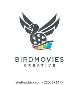 concepto de diseño de logotipo para la producción de películas creativas, con elementos de rollo de pájaros y cámaras