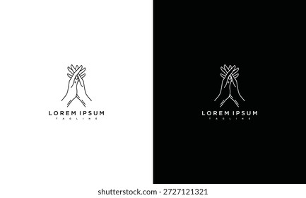 Concepto de diseño de logotipo con figura humana abstracta con brazos extendidos que sostienen flores, presentado en estilo minimalista sobre fondos blancos y negros contrastantes