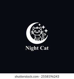 logo design with the concept of illustration of a cat being one with a crescent moon in silhouette logo