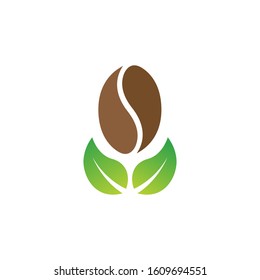 Logo design concept with a leaf on a coffee bean, Cafe business logo, Coffee bean logo symbol 