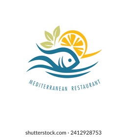 Logo design concept for Mediterranean restaurant with delicious fish on plate. Sea waves, lemon slice and fish graphic. Food creative vector symbol or emblem design.