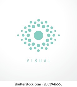 Logo design concept for optician or ophthalmology clinic. Eye shape made from small dots abstract symbol idea. Vector emblem layout visual medical care.