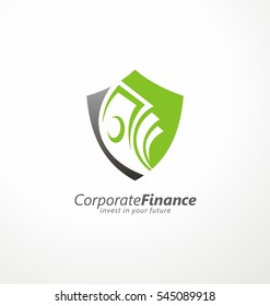 Logo Design Concept For Safe Investments With Shield Shape And Money Bills In Negative Space. Vector Illustration.