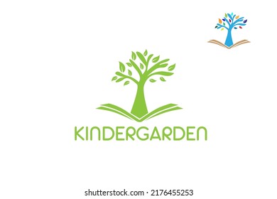 Logo Design Consisting Of A Tree, Leaves And A Book. Nursery Preschool School Nature Plant Logo Design