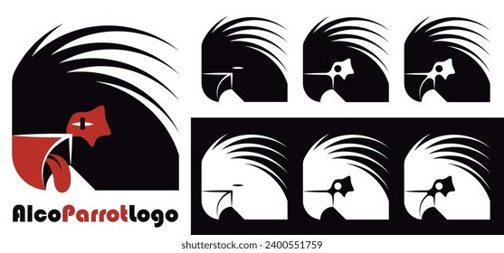 Logo design with cool parrot head. Bird sign in informal punk style. Isolated bird, black cockatoo with a funny face. Parrot graphic symbol. Vector illustration.