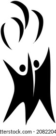 Logo design - a couple of children with balloons. Other interpretations are the unity of people under one goal, young people release birds, flying kites or fire in the sky
