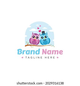 Logo Design - Couple Owl Logo Design Vector Illustrattion flat style.