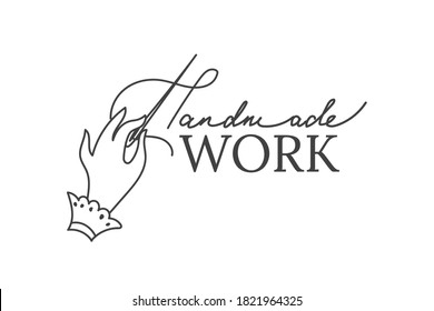 Logo for the design of a craft store. Hand with needle and thread, lettering. Hand-drawn graphics, vector illustration.
