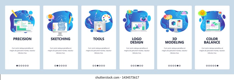 Logo design creation service web site and mobile app onboarding screens. Menu banner vector template for website and application development.