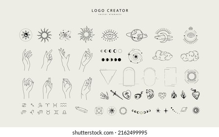 Logo design creator with different frames, floral elements and hand gestures. Magic objects in a minimalistic linear style elements set isolated on background. Vector minimal trendy