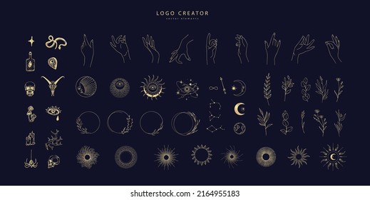 Logo design creator with different frames, floral elements and hand gestures. Magic objects in a minimalistic linear style elements set isolated on background. Vector minimal trendy