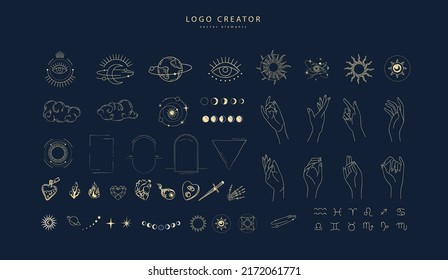 Creador de diseño de logotipos con diferentes marcos, elementos florales y gestos a mano. Objetos mágicos en un estilo lineal minimalista, aislados en el fondo. Vector de moda mínima