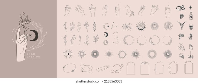 Logo design creator with different frames, floral elements and hand gestures. Magic objects in a minimalistic linear style elements set isolated on background. Vector minimal trendy illustration