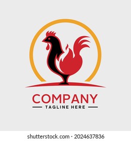 Logo design of a crowing rooster standing on the ground with a silhouette of fire on the wings