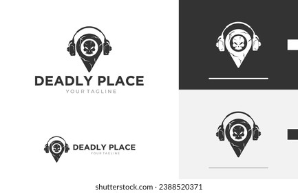 Diseño del logotipo ubicación del mapa de peligro auriculares música sonido pin de advertencia de viaje casco icono de tecnología letal símbolo de logotipo símbolo de diseño del vector plantilla de diseño del emblema plana simple moderno favicon de la web