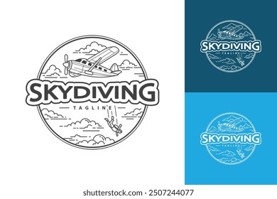 Un diseño de logotipo que representa una escena de paracaidismo con un avión y una persona cayendo del cielo.