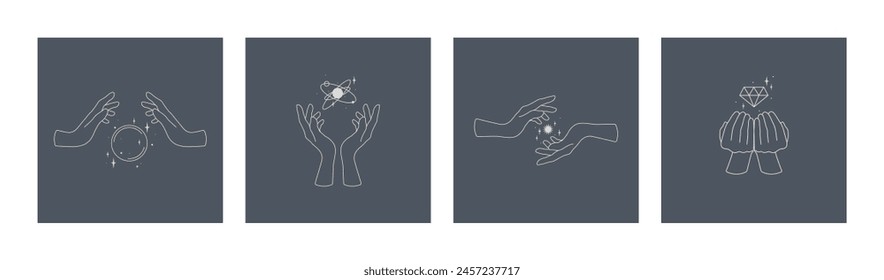Diseño de logotipo con diferentes gestos de mano, Elementos mágicos. Planetas, joyas, esfera mágica, luna, sol y estrellas. Elementos de diseño esotéricos y místicos. Objetos mágicos en estilo lineal minimalista