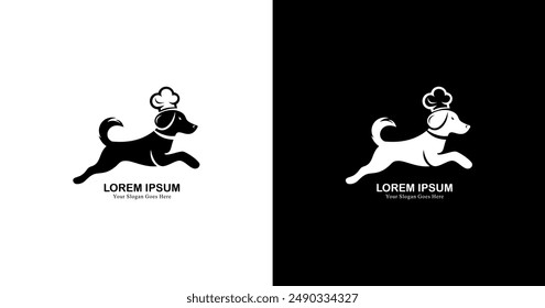 Logo design of a dog jumping and wearing a chef's hat