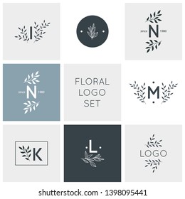 Logo design with doodle flowers.Hand drawn logo collection.