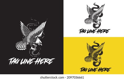 logo design of eagle with big snake fighting on air vector black and white illustration design