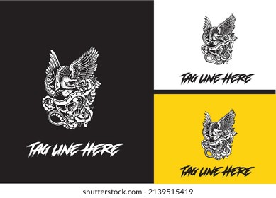 logo design of eagle and head skull vector black and white