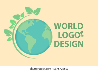 Logo design, eco friendly, world map shapes with shadow. Save the Earth concept. April 22, flat style, On yellow background, Vector Illustration.