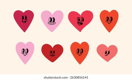 Logo and design element bundle with smiling mascot illustrations, hand drawn hearts, linear symbols, and quirky stickers — made for eye-catching branding, ads, and social content.