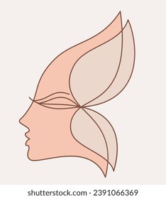 Logo design element. Female face profile with butterfly wings. Feminine concept illustration. Flat style design stock sketch. International Women's Day concept for card, poster, banner and other users