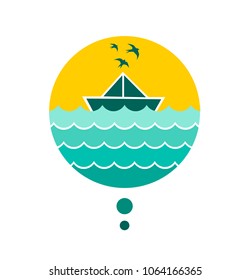  Logo Design Element The sailing yacht against the background of the sun. A travel by the ship by sea. Sea cruise. Birds sunset  waves sea ocean vector illustration
