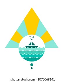 Logo Design Element The sailing yacht against the background of the sun. A travel by the ship by sea. Sea cruise. Birds sunset  waves sea ocean vector illustration