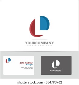 Logo design element with two business cards. Letter L vector logo symbol in the red & blue circle. Vector template for your design