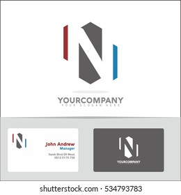Logo design element with two business cards. Letter N vector logo symbol in the red & blue circle. Vector template for your design
