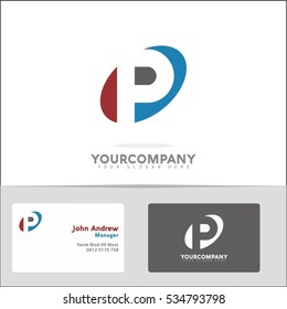 Logo design element with two business cards. Letter P vector logo symbol in the red & blue circle. Vector template for your design