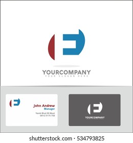 Logo design element with two business cards. Letter E vector logo symbol in the red & blue circle. Vector template for your design