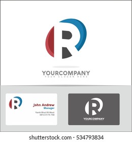Logo design element with two business cards. Letter R vector logo symbol in the red & blue circle. Vector template for your design