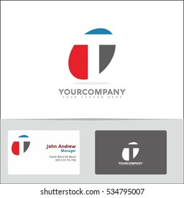 Logo design element with two business cards. Letter T vector logo symbol in the red & blue circle. Vector template for your design