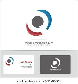 Logo design element with two business cards. Letter Q vector logo symbol in the red & blue circle. Vector template for your design